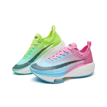 VOIT Anti Slip Wear Resistant Low Top Air Cushion Marathon Running Shoes Unisex Green Pink Blue Mismatched