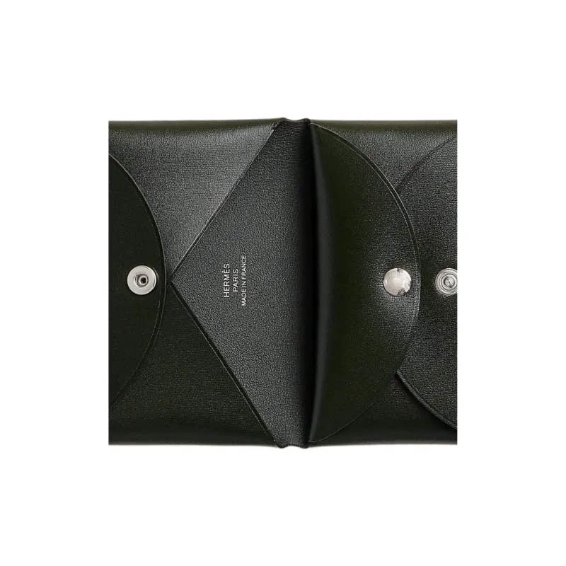 HERMES Calvi Duo Box Leather Card Holder Women's 67 Vert Fonce Dark Green-2