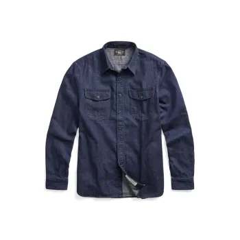 DOUBLE RL Indigo Cotton Linen Denim Workshirt Long Sleeved Shirt Men's Blue