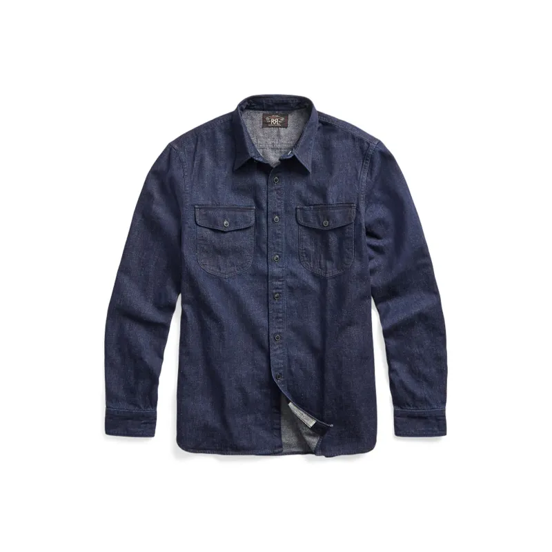 DOUBLE RL Indigo Cotton Linen Denim Workshirt Long Sleeved Shirt Men's Blue-0