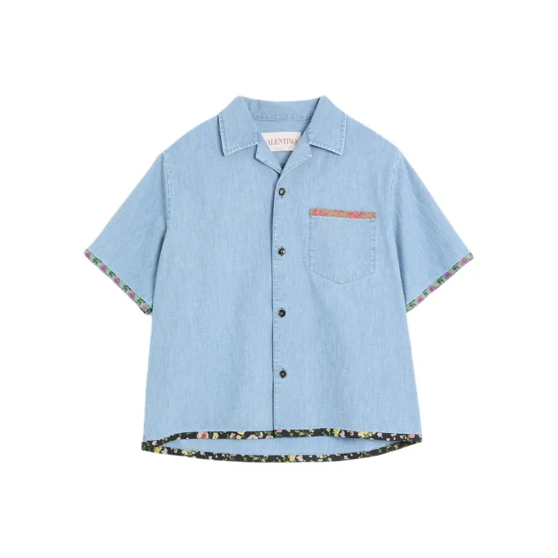 Valentino Floral trim Denim Bowling Shirt-0