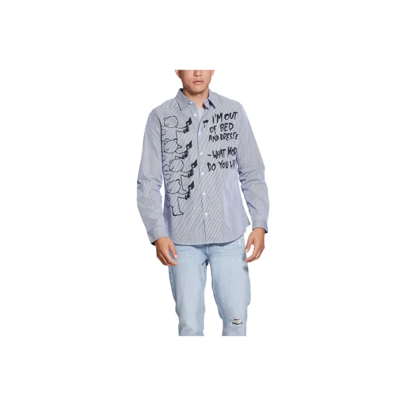 GUESS Striped Teddy Graffiti Woven Shirt Shirt Men's Blue Purple-0