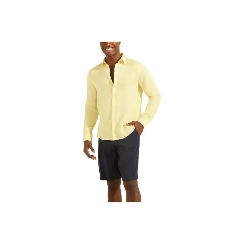 GUESS Linen Italian Notched Cuff Shirt Shirt Men's Cream Yellow-0