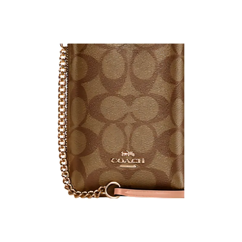 COACH N/S Canvas With Leather Crossbody Bag, Shoulder Bag, Cell Phone Pouch Small Size Women's Dark Brown & Light Pink-4