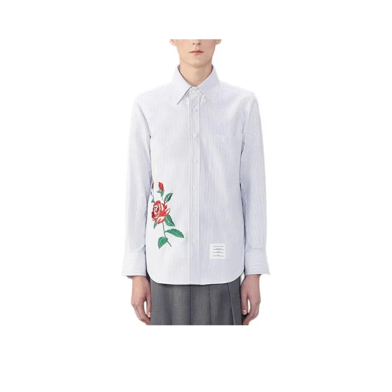 THOM BROWNE Rose embroidered Striped Cotton Shirt-0