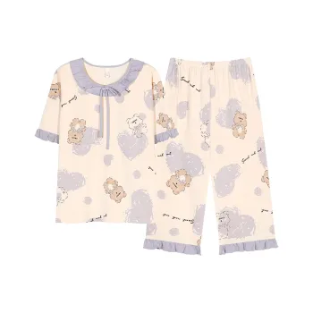Pretty Lady Pajama Set Women's Apricot Purple Bear
