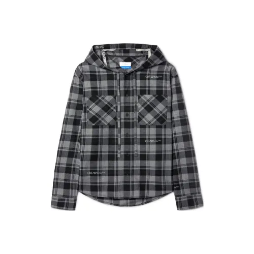 OFF WHITE Checked Curved Hem Hooded Shirt