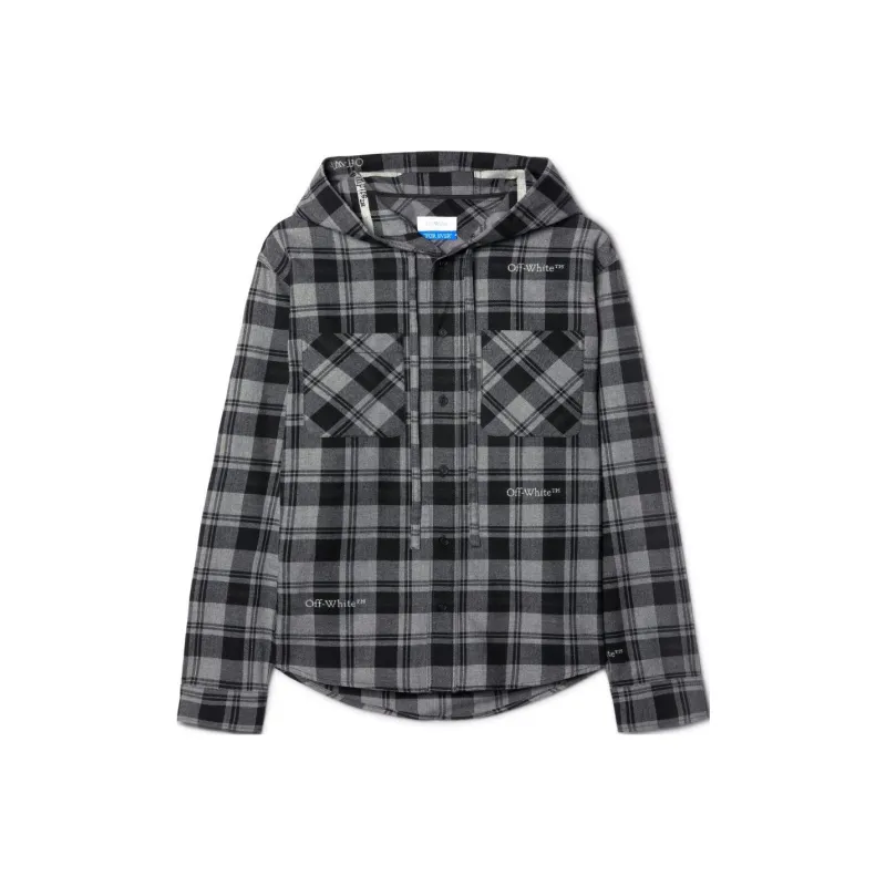 OFF WHITE Checked Curved Hem Hooded Shirt-0