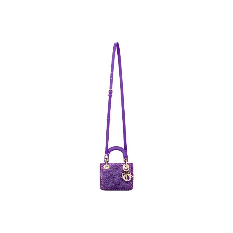 DIOR Lady Dior Rhinestone Embroidered Calfskin Shoulder Bag Crossbody Bag Handbag Mini Women's Purple-4