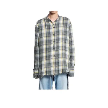 GREG LAUREN Raw-cut Hem Plaid Cotton Shirt