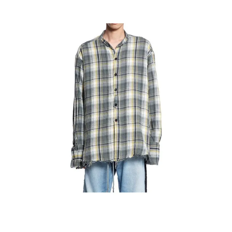 GREG LAUREN Raw-cut Hem Plaid Cotton Shirt-0