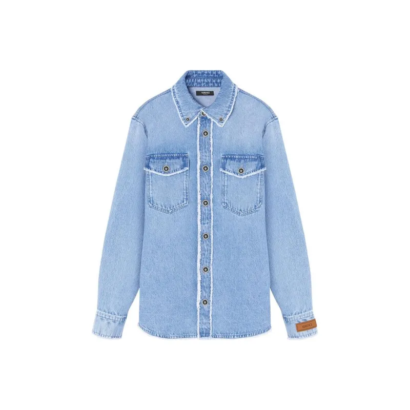 VERSACE Frayed Buttoned Denim Overshirt-0
