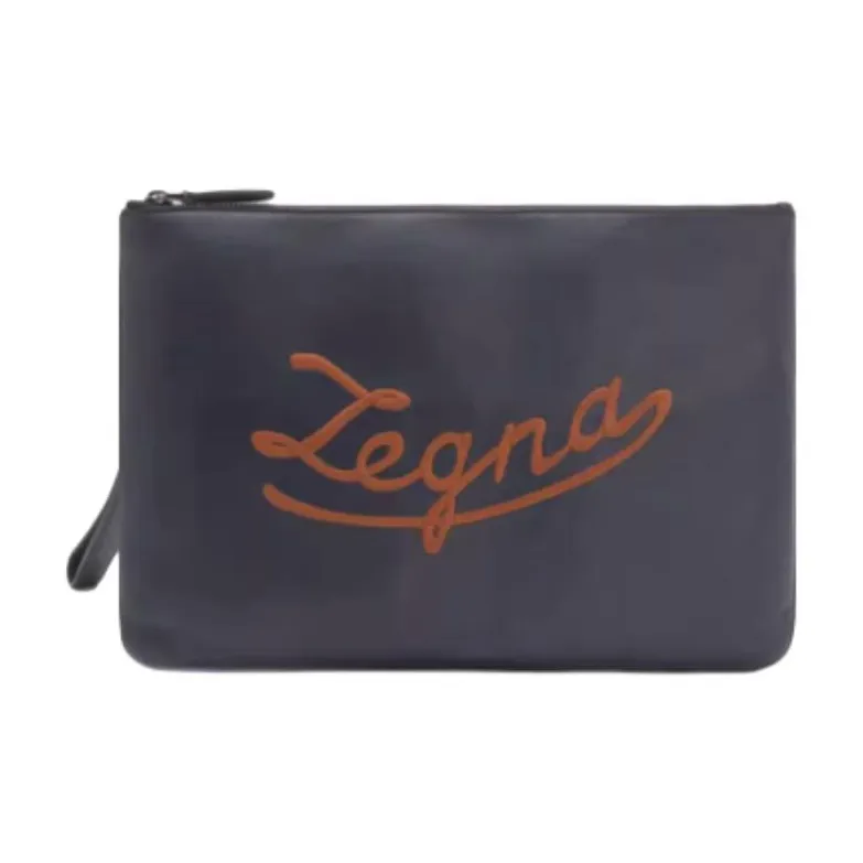 Zegna Sheepskin Clutch Medium Size Men's Navy Blue-0