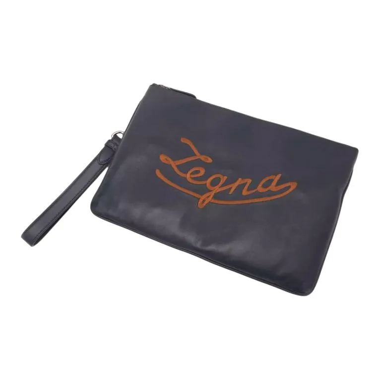 Zegna Sheepskin Clutch Medium Size Men's Navy Blue-2