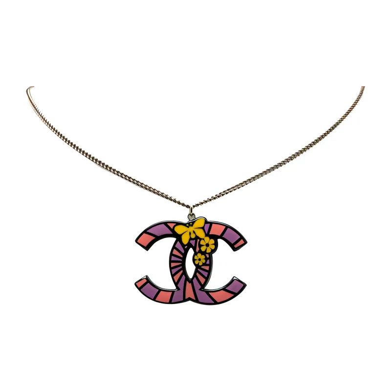 CHANEL 2015 Enamel Brass Butterfly Cc Pendant Costume Necklace-1