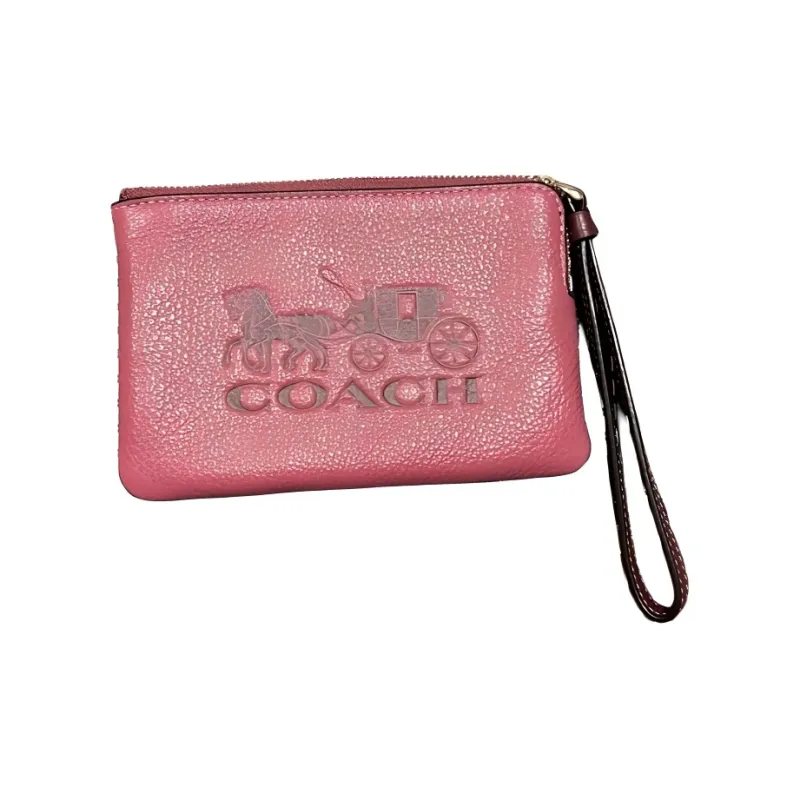 COACH Corner Zip Pebbled Leather Wrist Bags Clutches Small Size Women's Rosenberg Red-1