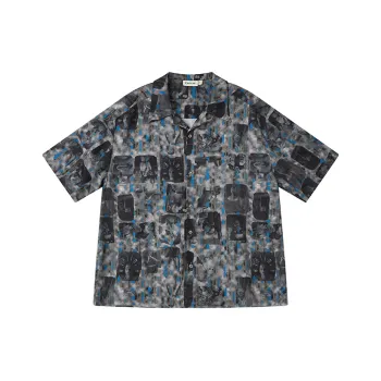 WULISHAONIAN Striped Short Sleeved Loose Fit Vintage Shirt Unisex Dark Gray With Blue Stripe