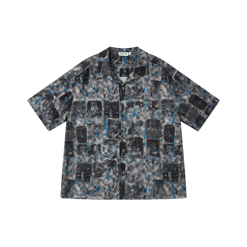 WULISHAONIAN Striped Short Sleeved Loose Fit Vintage Shirt Unisex Dark Gray With Blue Stripes-0