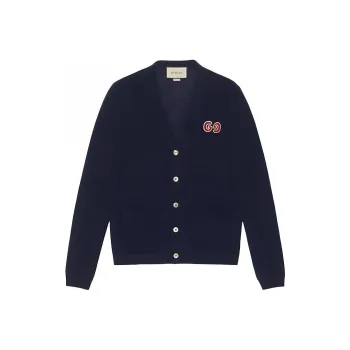 GUCCI GUCCI GG Embroidered Wool Cardigan Knitted Top Navy