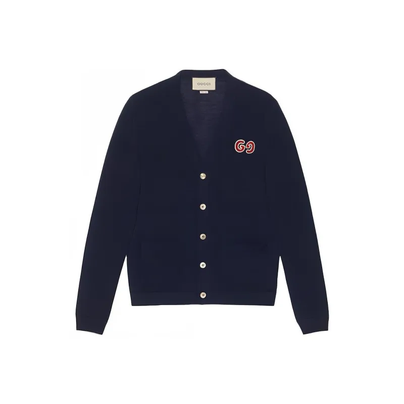 GUCCI GUCCI GG Embroidered Wool Cardigan Knitted Top Navy-0