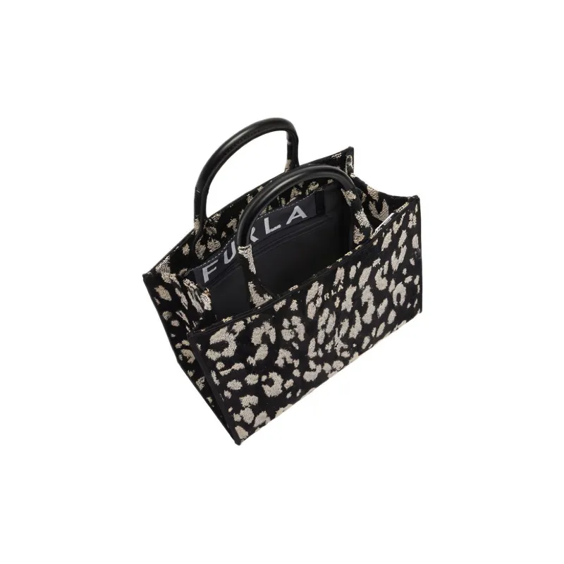 Furla Leopard Print Jacquard Fabric Tote Bag Shopping Bag Shoulder Bag Crossbody Bag Handbag Small Size Women's Black-3