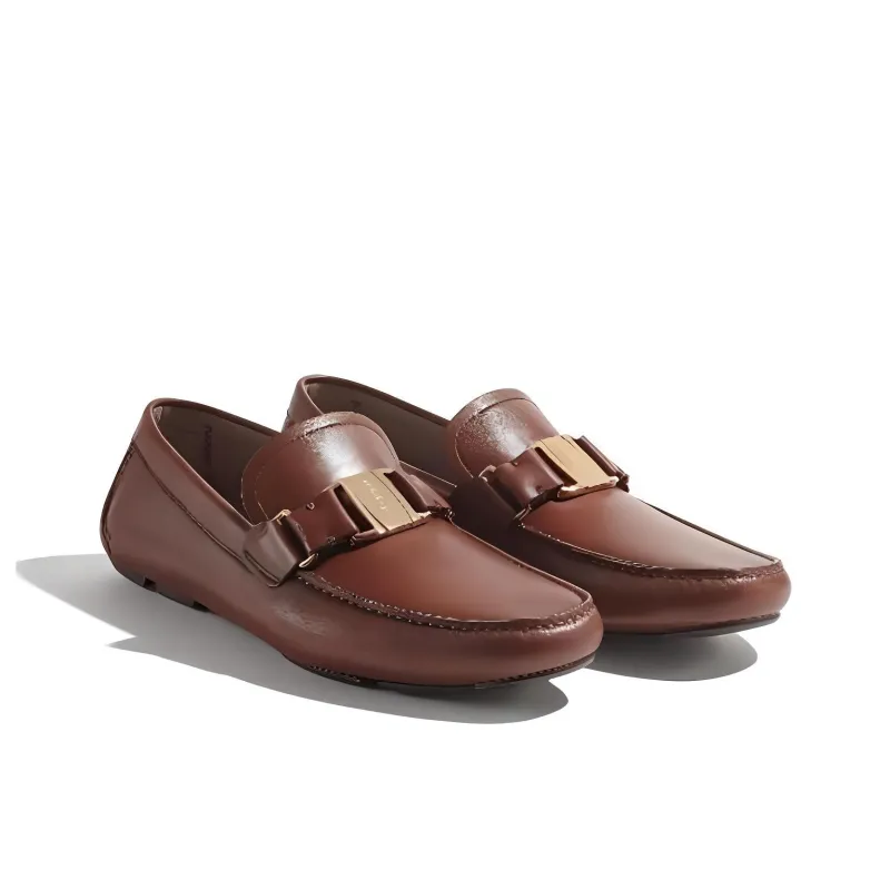 FERRAGAMO Vara Bit Solid Color Slip-on Casual Single Shoes Men's Dark Brown-3