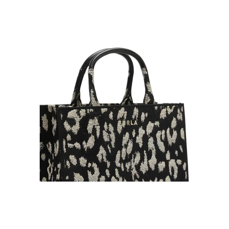 Furla Leopard Print Jacquard Fabric Tote Bag Shopping Bag Shoulder Bag Crossbody Bag Handbag Small Size Women's Black-4