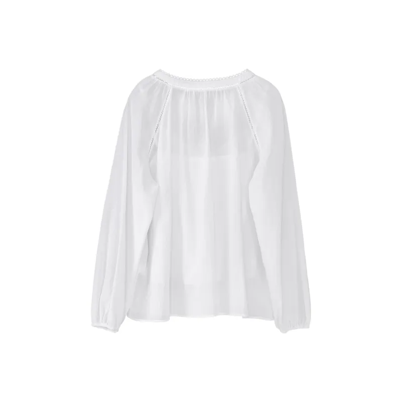 Fstudio Korean Style V Neck Pure Cotton Lace Trim Embroidery Long Sleeved Shirt Women's White-2