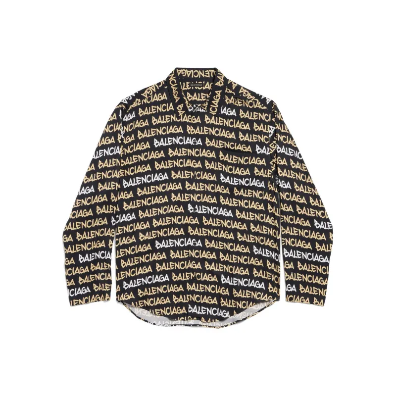 Balenciaga All Over Logo Collared Long Sleeve Shirt-0