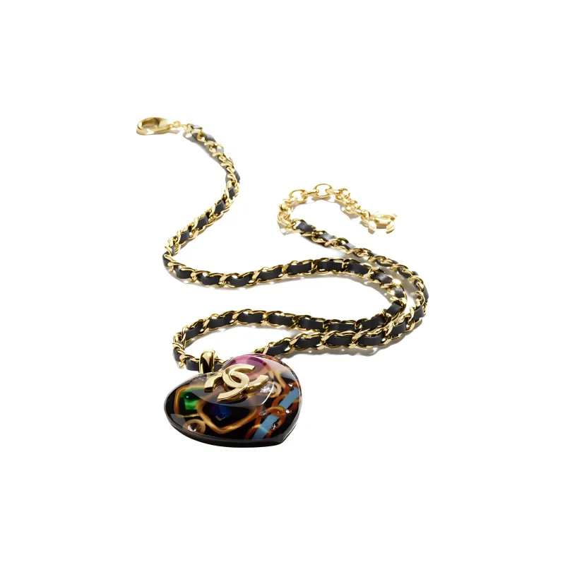 CHANEL Metal Resin Silk Calfskin Rhinestone Necklaces Unisex Black-1