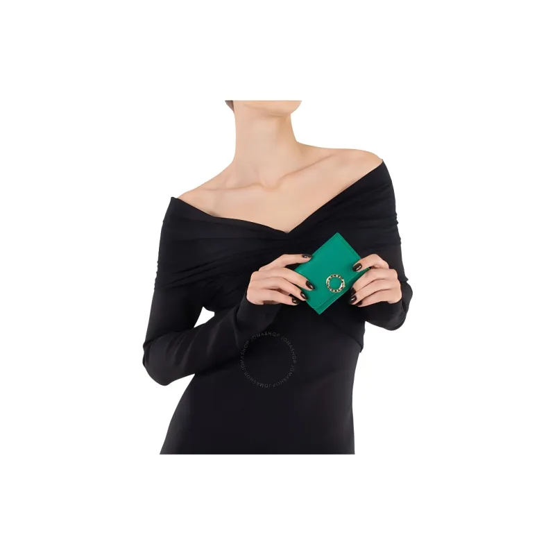 BVLGARI Calfskin Card Holder Women's Green-4