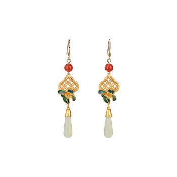 Xiaoyinjiang 925 Sterling Silver Hetian Jade Hoop Earrings Women's Pale Greenish White Jade