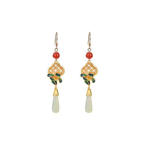 Xiaoyinjiang 925 Sterling Silver Hetian Jade Hoop Earrings Women's Pale Greenish-White Jade