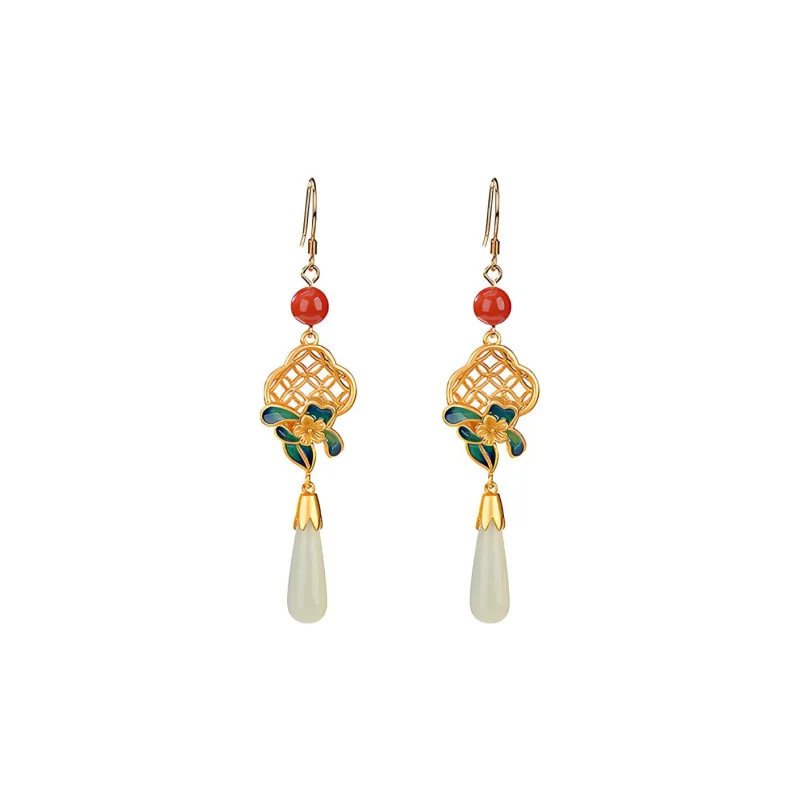 Xiaoyinjiang 925 Sterling Silver Hetian Jade Hoop Earrings Women's Pale Greenish White Jade-0