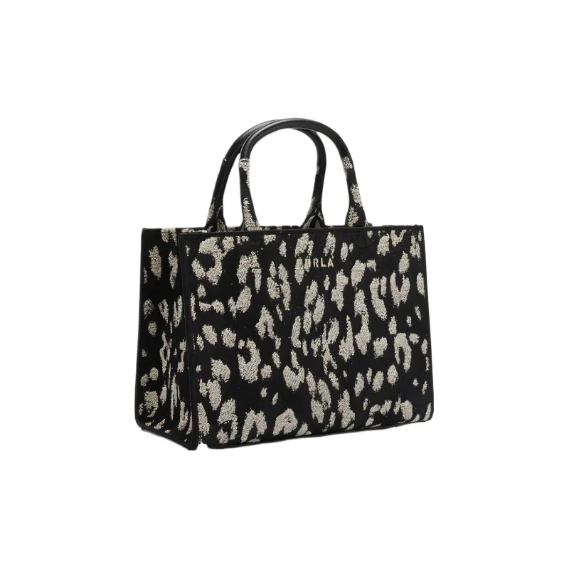 Furla Leopard Print Jacquard Fabric Tote Bag Shopping Bag Shoulder Bag Crossbody Bag Handbag Small Size Women's Black-1