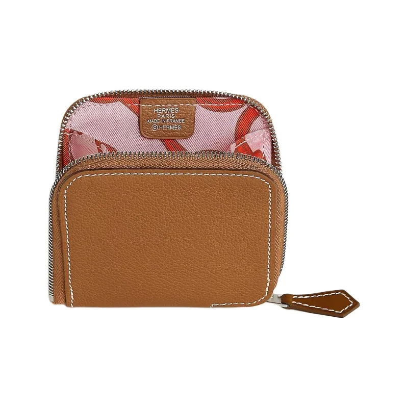 HERMES Silk'In Evercolor & Barenia Calfskin Coin Purse Regular Women's Gold & Light Pink-0