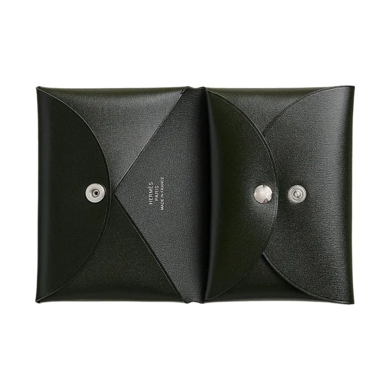 HERMES Calvi Duo Box Leather Card Holder Women's 67 Vert Fonce Dark Green-1