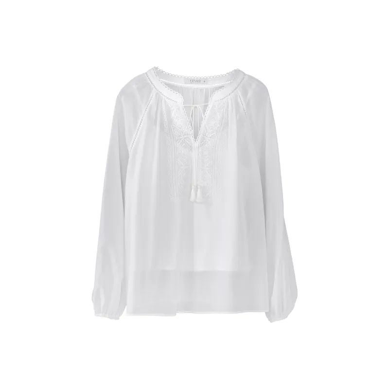 Fstudio Korean Style V Neck Pure Cotton Lace Trim Embroidery Long Sleeved Shirt Women's White-1