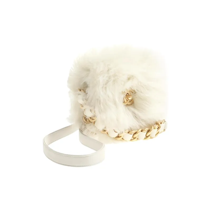 CHANEL 21K Winter Double Sided Shearling Lambskin Coin Purse Handbag, Shoulder Bag, Crossbody Bag Mini Women's White-1