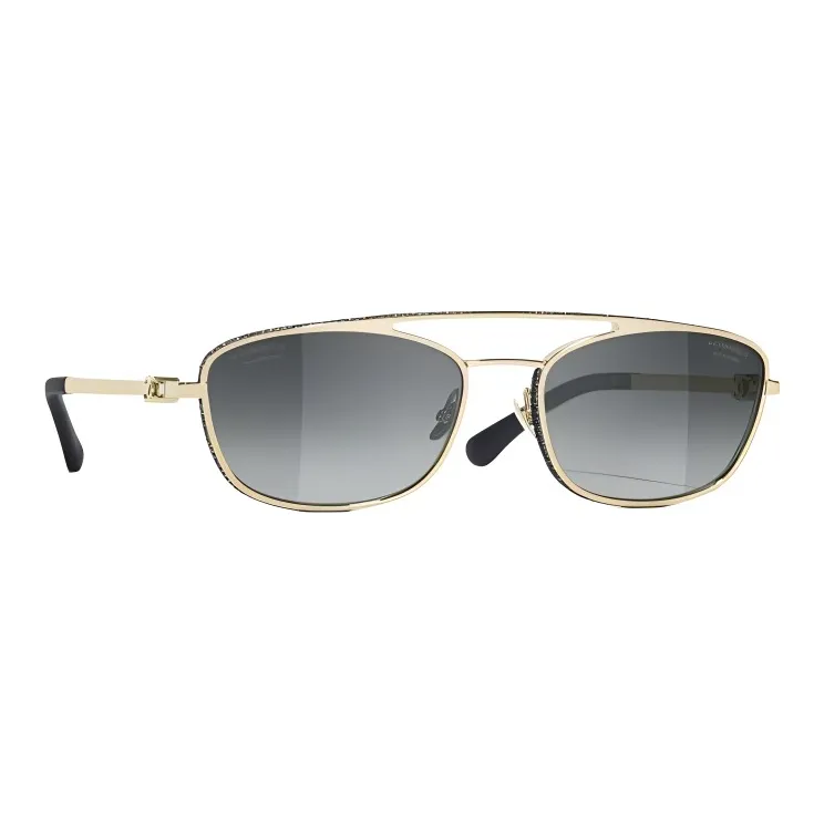 CHANEL Metal Calfskin, Denim Aviator Sunglasses Unisex Gold-1