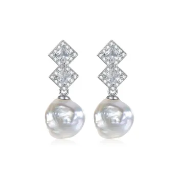 ZXIN JEWELRY Pearl Earrings Baroque Double Block S925 Silver With Zircon Versatile Luxury Minimalist Style Women's