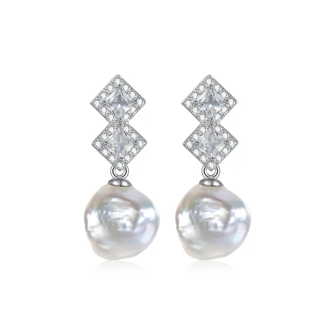 ZXIN JEWELRY Pearl Earrings Baroque Double Block S925 Silver With Zircon Versatile Luxury Minimalist Style Women's-0