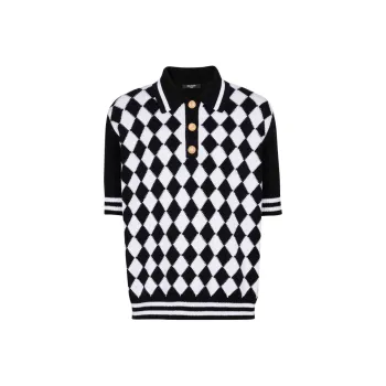 BALMAIN Diamond Pattern Knit Polo Shirt