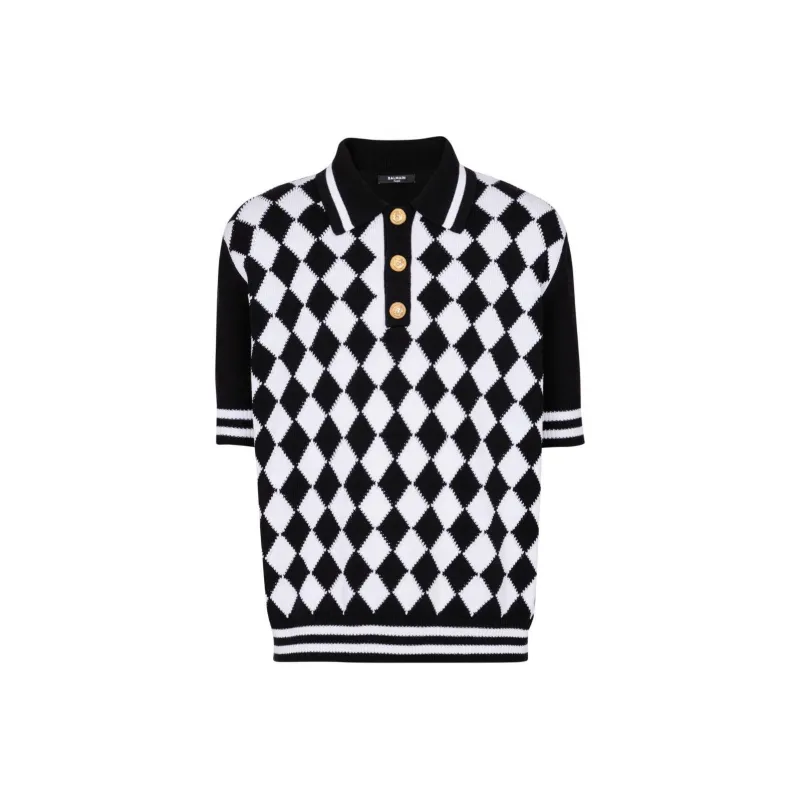 BALMAIN Diamond Pattern Knit Polo Shirt-0