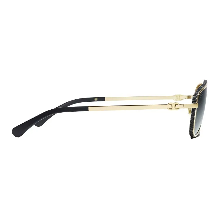 CHANEL Metal Calfskin, Denim Aviator Sunglasses Unisex Gold-2