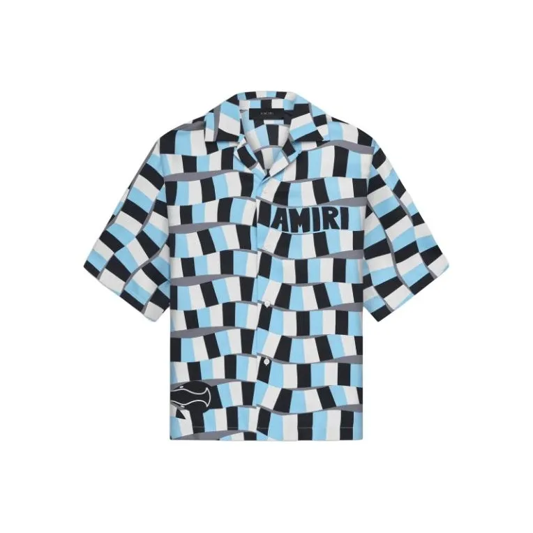 AMIRI SS24 Snake Checker Bowling Shirt Shirt Men's Air Blue-0