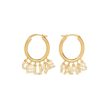 CELINE Letter Hoop Rhinestone Earrings In Brass With Finish And Crystals