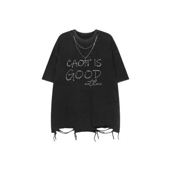 CAOT T Shirts Unisex Black Heavyweight Drop Shoulder/Faux Pearl Letter Design