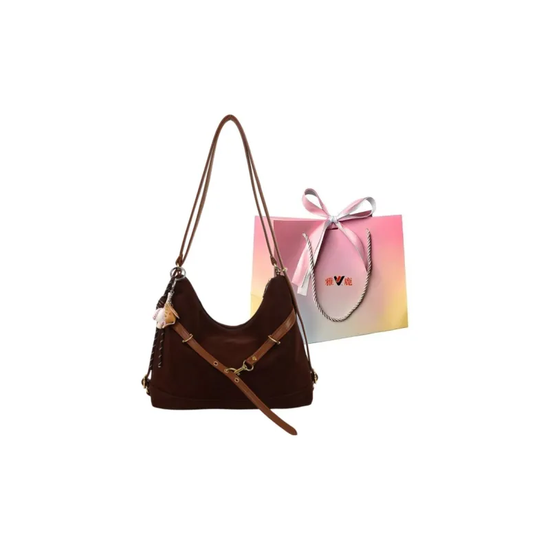 Yalu Velour Shoulder Bag Regular Women's Brown/Black/Coffee-6
