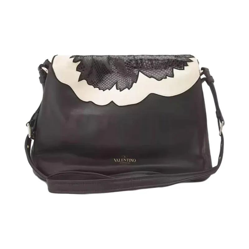 Valentino Cow Leather Shoulder Bag Large Size Women's Black & White-2